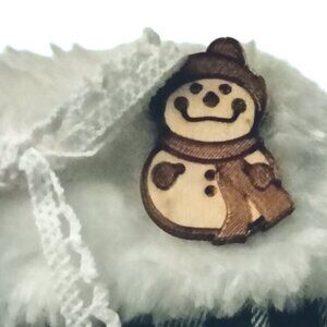 Wooden Snowman Lapel Pin Pinback Winter Holiday Wear